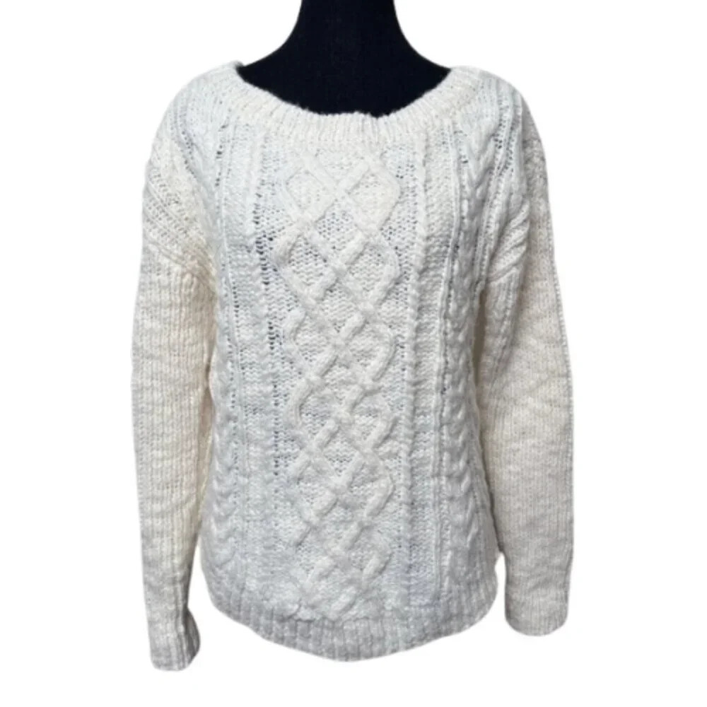 Banana Republic Womens Small Boat Neck Oversized Cable Ivory Wool Sweater